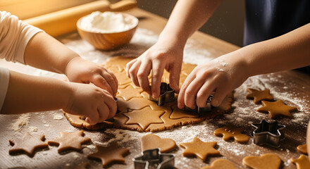 Close-up of little kids hands making festive star shaped cookies from dough on a wooden kitchen table with flour