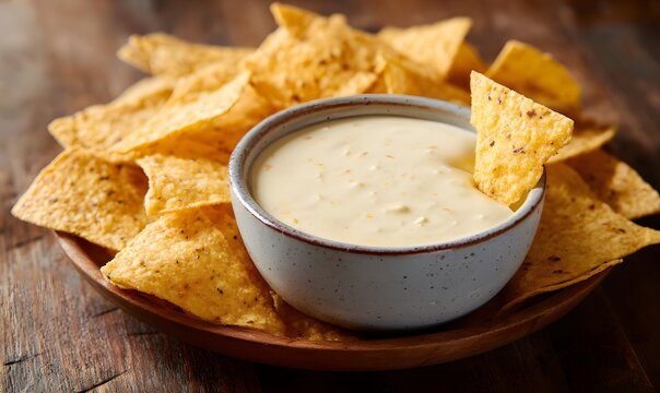delicious looking chip dipping into white queso sauce,