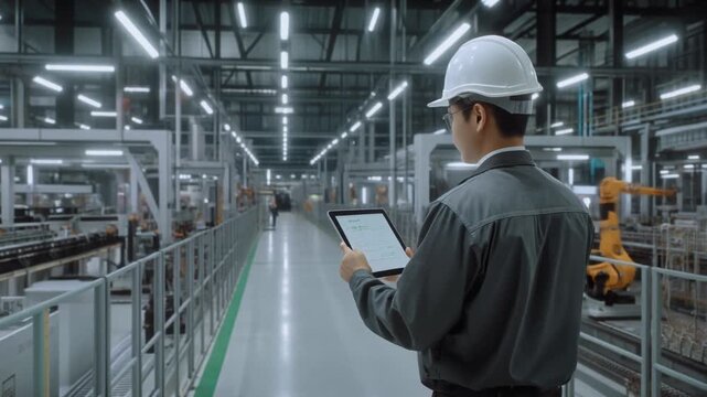 工場内を巡回しタブレットを操作する作業員の後ろ姿