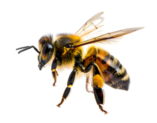 Detailed macro view of a fuzzy bee in flight against a dark background