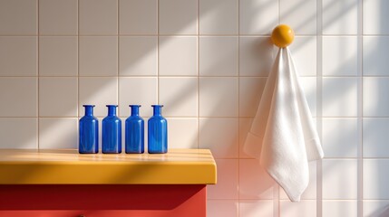 Colorful bathroom scene featuring four blue glass bottles on a yellow countertop with a white towel hanging against a tiled wall
