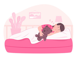 Cute Kid Girl Hugging Teddy Bear and Sleeping in Bed in Bedroom for Healthcare Concept Illustration