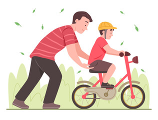 Father Teach His Child to Ride a Bicycle in Garden for Family, Parents and Outdoor Activity Concept Illustration