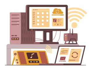 Wifi Router Modem Transmitting the Wireless Signal to Desktop PC Computer, Laptop Computer and Portable Speaker for Internet and Wireless Network Connection Technology Concept Illustration