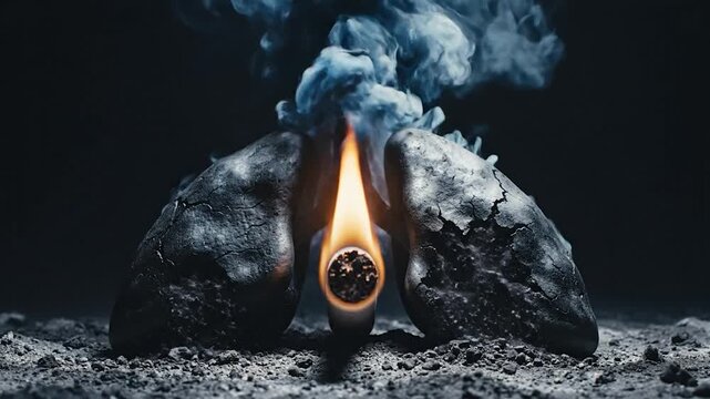 Damaged lung organ with burning substance and smoke dark background