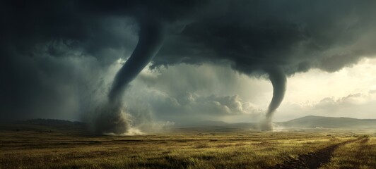 Climate Change Awareness Ad: Multiple Tornado Funnels Forming Across Open Landscape, Extreme Weather and Environmental Protection Concept