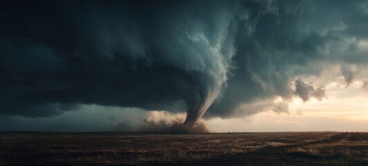 Climate Change Awareness Ad: Large Tornado Sweeping Across Rural Horizon with Dramatic Storm Clouds, Extreme Weather and Environmental Protection Concept