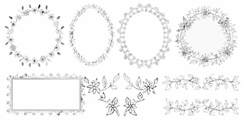 Elegant floral frames and borders in black and white sketch style