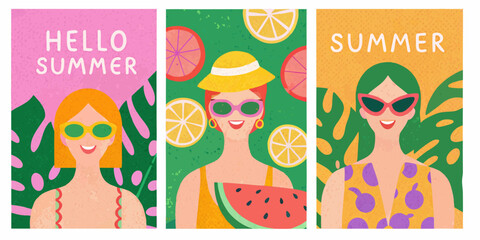 Three summer themed illustrations featuring women fruit and tropical leaves