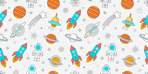Cartoon space pattern with rockets planets astronauts and stars on white background © Sunil123