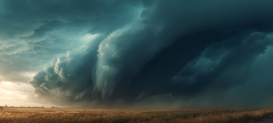 Climate Change Awareness Ad: Large Tornado Sweeping Across Rural Horizon with Dramatic Storm Clouds, Extreme Weather and Environmental Protection Concept