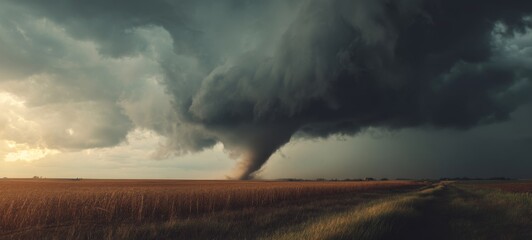 Climate Change Awareness Ad: Large Tornado Sweeping Across Rural Horizon with Dramatic Storm Clouds, Extreme Weather and Environmental Protection Concept