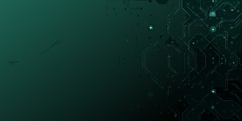 Dark green circuit board technology background with glowing elements