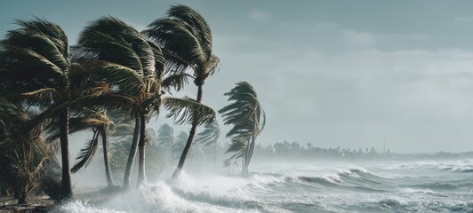 Climate Change Awareness Ad: Powerful Typhoon Winds Bending Palm Trees, Crashing Waves on Coastline Under Dramatic Open Sky