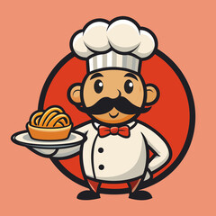 Cartoon chef with moustache serving a plate of pasta