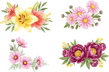 Beautiful floral arrangement vector set with lilies, daisies, cosmos flowers and peonies for wedding bouquets, greeting cards, invitations and elegant decoration design