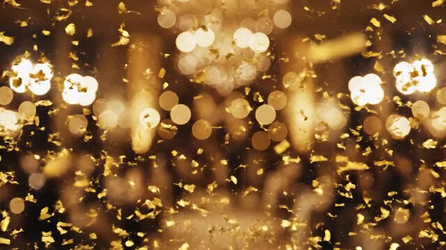 Glittering gold confetti falling against a blurred bokeh background
