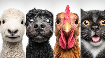 Group of adorable animals including sheep, dog, chicken, and cat, showcasing their unique expressions and personalities in a playful arrangement