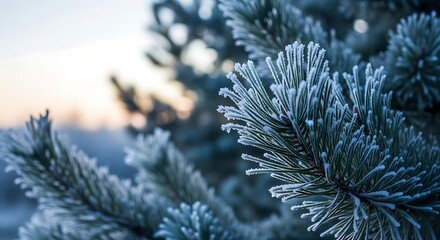 Close up view of frosty pine needles in winter season nature background