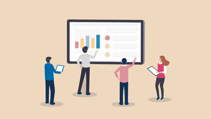 People presenting data on a large screen with bar graphs and circular indicators in a meeting setting room