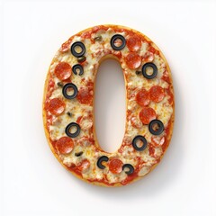 Number 0 shaped from pizza bread slice pattern, alphabet letter learning, isolated white