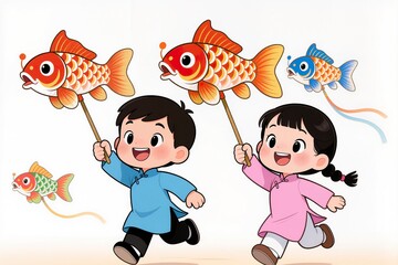 Cute chibi Southern kids flying paper kites shaped like cá chép, wearing áo bà ba, happy excited faces, glossy toy style on white background.