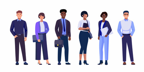 Diverse group of professionals standing together in a modern illustration style