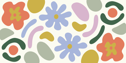 Abstract floral pattern with colorful shapes and organic forms on a white background
