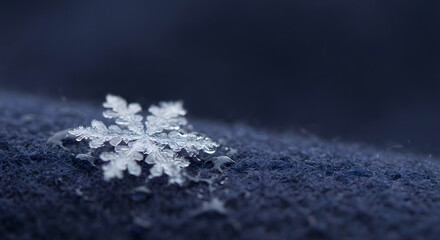 Primer plano de copo de nieve sobre tela azul