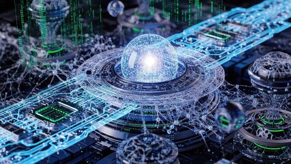 Futuristic circuit board with glowing blue lines and a large central dome shaped component surrounded by smaller domes on a dark background with green accents