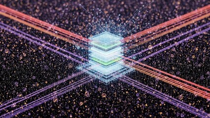 Glowing white cube with colorful lines and particles on dark background, technology and innovation concept with futuristic design elements and vibrant streaks of light