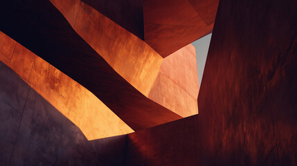 Abstract geometric architectural structure with textured surfaces illuminated by warm sunlight creating dynamic shadows and unique forms in modern design