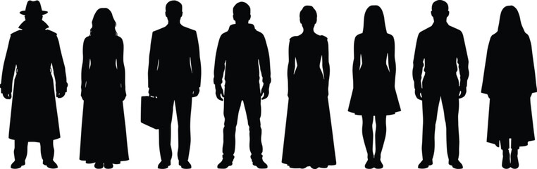 Diverse Group of Eight People Silhouettes, Full Body Black Vector Illustrations of Men and Women in Various Attire Including Formal Wear, Hoodies, and Long Coats, Community Figures.