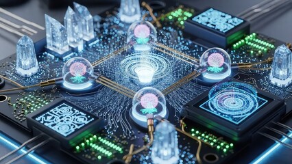 Close up circuit board with glowing orbs and microchips on a futuristic electronic component with green lights and copper wiring