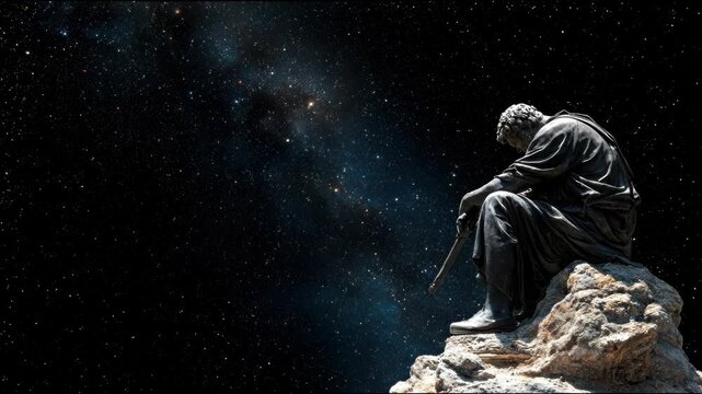 A bronze statue of a contemplative figure sits atop rock, looking down. The night sky with stars swirls behind