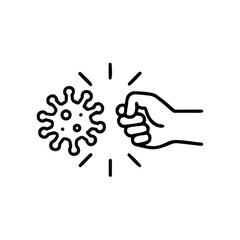 Obraz premium fist kick by bacteria icon in line style, protect on virus isolated on white background , symbol conquer infection disease, protection virus business concept, vector illustration