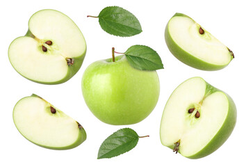 green apple with leaves (granny smith apple), half and slice isolated, transparent PNG