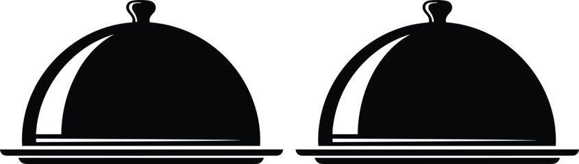 Restaurant food cloche silhouette vector icon set, black catering service dome cover, serving tray platter symbol, dining menu design element