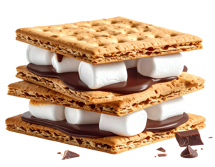 Stacked baked crackers, melted chocolate, and fluffy marshmallows