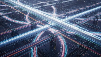 Aerial view of a busy highway interchange at night with colorful light trails from speeding cars on dark roads and bridges