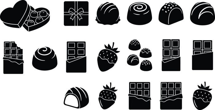 Chocolate box and praline candy silhouette icon set. Heart shaped gift package, cocoa bar, truffle sweet, and bitten dessert symbols for valentine day present vector collection design element art.
