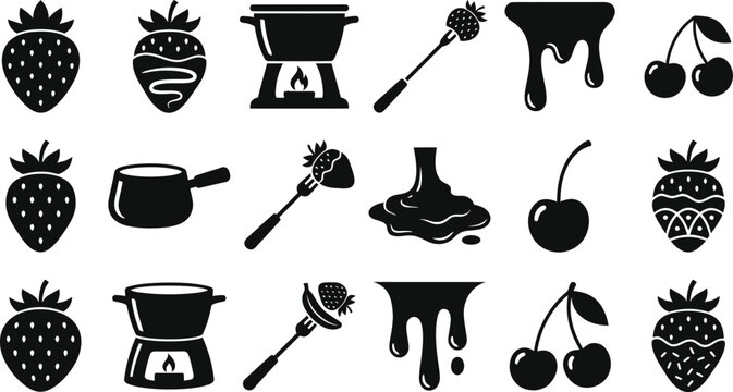 Chocolate fondue and dipped fruit silhouette icon set. Strawberry in sauce, melting pot, marshmallow on fork, and sweet dessert splash symbols for party menu vector collection design element art.
