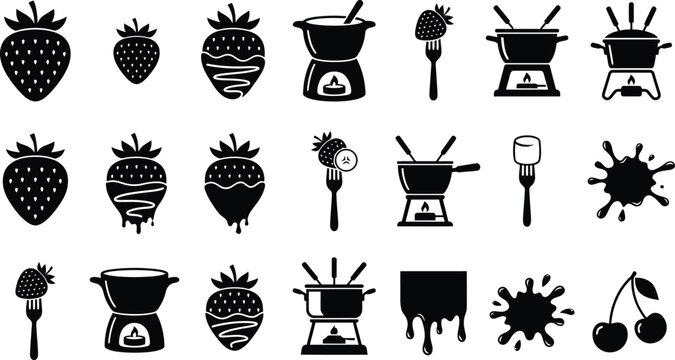 Melted chocolate and sweet treat black glyph icons. Hot cocoa pot, dipping cherry berry, liquid drip drop, and delicious snack symbols for valentine day food graphic vector set illustration design.
