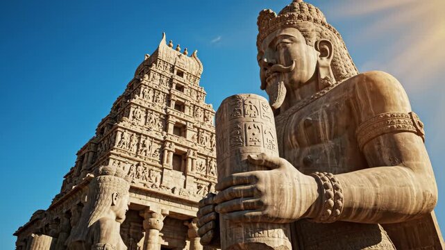 The imposing stone statue of a historical deity, holding a ceremonial pillar, is dramatically framed against the towering gopuram of an ancient south indian temple under a warm blue sky.