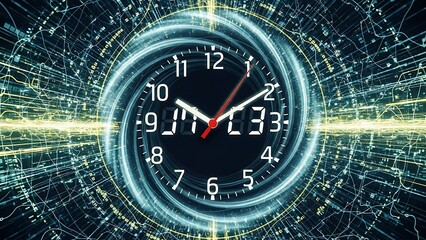 Digital and Analog Clock Face with Abstract Energy Swirl