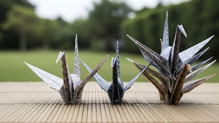 Three Origami Cranes on Bamboo Mat Outdoors