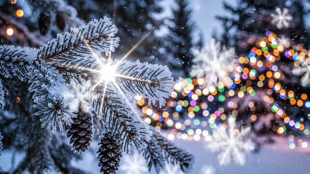 Snow covered pine branch with festive lights and bokeh background