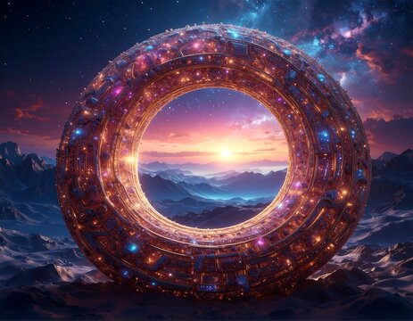A colossal, glowing ring structure floats above a desolate, alien landscape with mountains, framed against a cosmic sunset