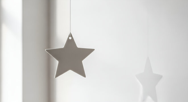 Minimalist composition of a single gray star ornament hanging on a string, casting a soft shadow on a white wall in natural light