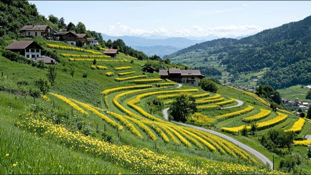 Lush green hillside with yellow flowers in neat rows, houses, winding road, and mountains in the distance. Clear sky